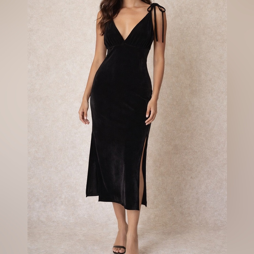 Lulu's Coveted Curated Collection Black Tie-Strap Midi Dress